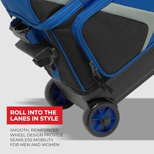 BSI Dash Roller Bowling Bag with Smooth Rolling Wheels, Padded Ball Compartment, Retractable Locking Handle, & Shoe Pocket - color: Black/Blue/Gray, style: Double