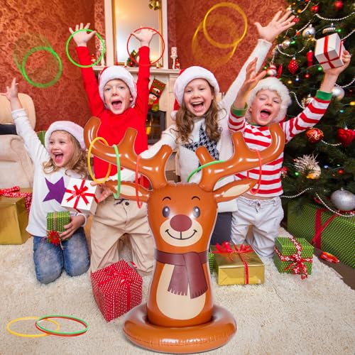Christmas Reindeer Ring Toss Game for Kids, Inflatable Reindeer Antler Toss Party Games with Pump and Rings, Christmas Party Games for Family, Holiday Indoor Outdoor Fun Toys Xmas Decorations