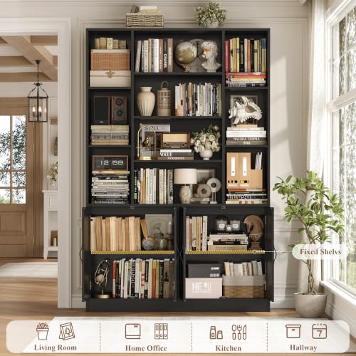 HOSTACK 72” Tall Book Shelf and Bookcase, White Bookshelf with Storage Cabinet, 45” Wide Bookcase with 4 doors, Standing Display Shelves, Modern Farmhouse Book Case for Living Room, Home Office, Black - color: Black