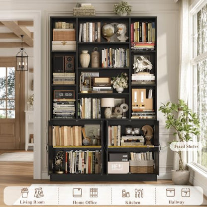 HOSTACK 72” Tall Book Shelf and Bookcase, White Bookshelf with Storage Cabinet, 45” Wide Bookcase with 4 doors, Standing Display Shelves, Modern Farmhouse Book Case for Living Room, Home Office, Black - color: Black