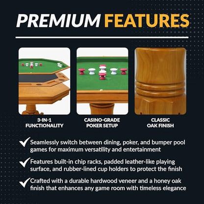Hathaway Kingston 3 in 1 Octagon Poker Table, Dining & Bumper Pool Table for Game Rooms - Durable Hardwood, Sturdy Legs, Smooth Playfield - Includes Bumper Balls, Cues, Chalk, Brush - Oak