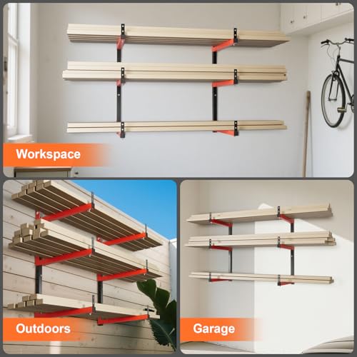 27" Lengthened Lumber Storage Rack, 6-Hole Adjustable Wall Mount Wood Organizer Storage Metal Shelves for Garage (4 Pack) - style: 4 Pack