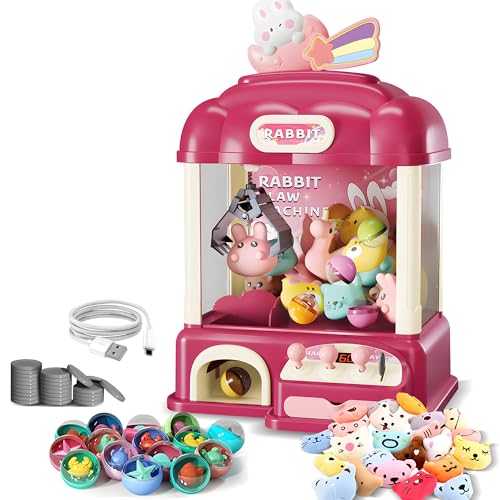 Kids Claw Machine with Toys Inside, Vending Machine Lights & Sound, Electronic Mini Claw Game for Boys & Girls, Birthday & Party Gift, Includes 25 Plush Toys, Surprise Eggs & USB Cable - style: Large Bunny Wonder