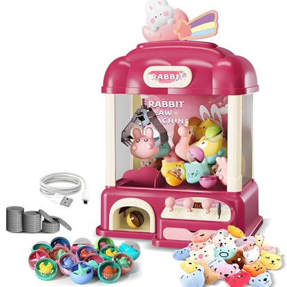 Kids Claw Machine with Toys Inside, Vending Machine Lights & Sound, Electronic Mini Claw Game for Boys & Girls, Birthday & Party Gift, Includes 25 Plush Toys, Surprise Eggs & USB Cable - style: Large Bunny Wonder