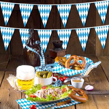 100 FT Oktoberfest Party Decorations, 3 Pack Pre-assemble Pennant Banner Flags, Plastic Blue and White Checkered Hanging Oktoberfest Decor German Bavarian Beer Festival Indoor Outdoor Party Supplies - style: Oktoberfest