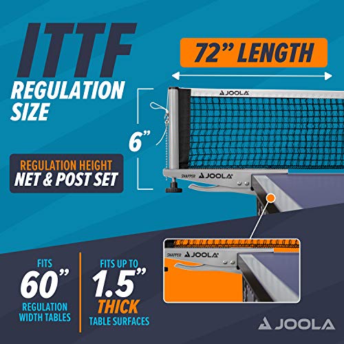 JOOLA Snapper Professional Table Tennis Net and Post Set - Portable and Easy Setup 72" Regulation Size Ping Pong Spring Activated Clamp Net, Silver