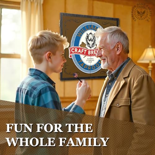 Personalized Dart Board Cabinet Set with 6 Steel Tip Darts, Paper Dartboard, Chalk & Eraser (21.5 x 21.5 x 2.75) - Man Cave Dart Boards for Adults - style: Craft Brewery Taproom