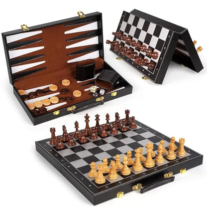 3 in 1 Magnetic Chess Set & Checkers Backgammon Board Game Set, 15" Wooden Folding Chess Board, Tournament Portable Travel Chess Set, Beginner Chess Board Game for Adults & Kids