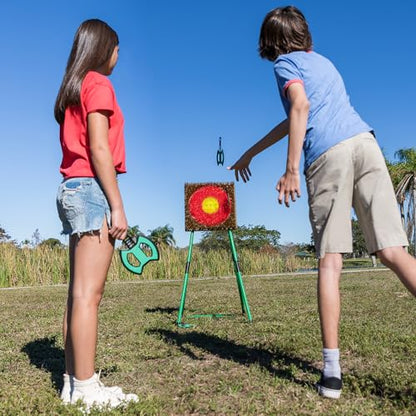 EastPoint Go! Gater Tomahawk Axe Throwing Set - Green, Medium - Easy Portable Setup for Backyard Games - Safe Foam Tomahawks for Outdoor Fun - Bristle Target for Kids & Adults Yard Games