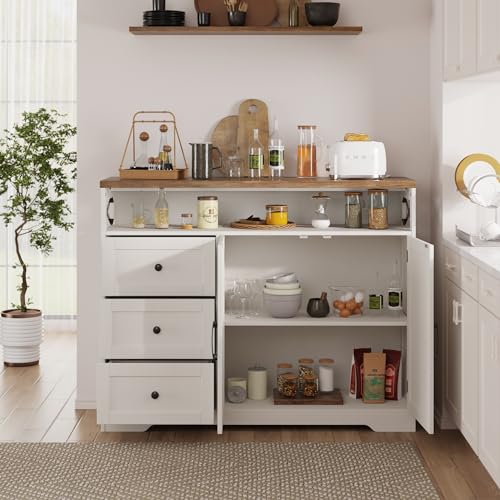 Befrases Farmhouse Buffet Cabinet with Drawers & Open Shelf, Sideboard with Storage, Kitchen Pantry Cabinet Hutch, Coffee Bar Station for Kitchen, Livingroom, 47" L White - color: Antique White