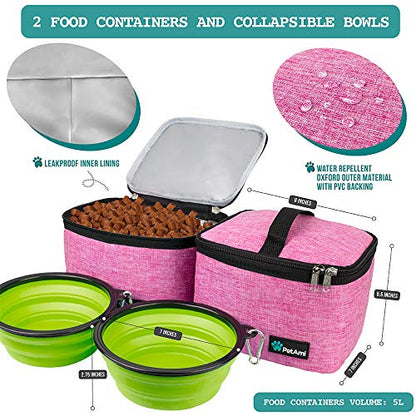 PetAmi Dog Travel Bag Organizer, Pet Travel Kit with 2 Food Containers & 2 Collapsible Dog Bowls, Pet Supplies Tote with Luggage Sleeve, Weekend Road Trip Camping Essentials, Pink, Large - color: Pink, size: Large - 15.5"L x 9.5"W x 14.0"H
