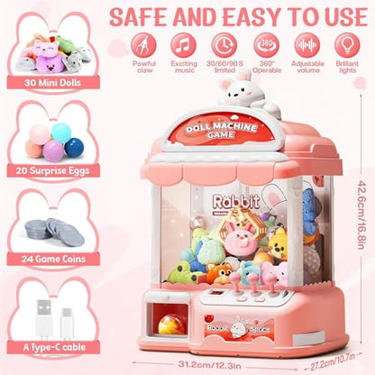 Large Claw Machine for Kids, Musical Electronic Arcade Game Console with Adjustable Sound, Christmas and Birthday Gift for Kids, Includes 30 Toys & 24 Game Coins & 20 Surprise Eggs - color: Light Pink