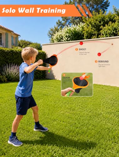 Launch & Catch Ball Set for Kids, Toss and Catch Outdoor Game with 2 Elastic Paddles, 1 Foam Football, 4 Soft Balls and Carry Bag, Solo Practice or Family Backyard Game for Beach and Lawn Play