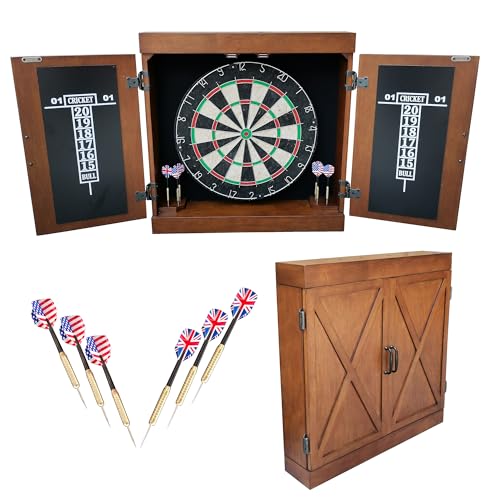 Hathaway Farmington 18-in Bristle Dart Board and Cabinet Set – Includes Self Healing Sisal Board, Rotatable Number Ring, Chalk Scoreboards & Steel-Tip Darts - Complete Dart Accessories - Walnut