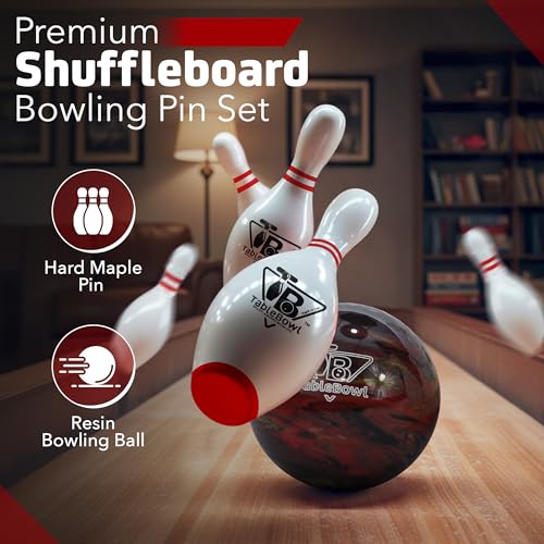 Premium Shuffleboard Bowling Pin Set – Full-Size Regulation 7” or 5.5” Hardwood Pins, Pinsetter, Resin Bowling Ball – Pro Shuffleboard Table Accessory for Family Game Rooms - size: Large