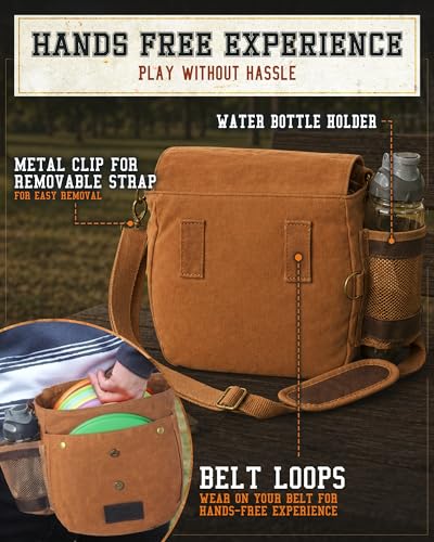 Disc Golf Bag | Frisbee Golf Bag | Easy to Carry | Lightweight Fits Up to 10 Discs | 16 oz Waxed Canvas Sturdy Design | Belt Loop | Double Button Design | Bottle Holder - style: Waxed Canvas / Leather - Brown