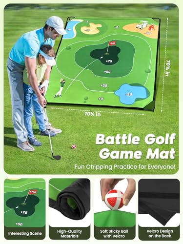 URUQ Golf Chipping Game with Large Target Mat, 2 Upgraded Adjustable Golf Clubs, 25 Sticky Balls, Outdoor Indoor Sports Toy Gift for Adults Kids, Fun Family Backyard Yard Golf Game Set