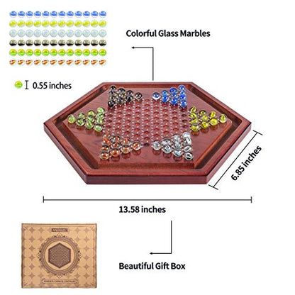 AMEROUS 13.6 inches Wooden Chinese Checkers Board Game Set with 60 Colorful Glass Marbles, Classic Strategy Game for Kids, Adults, Whole Family Play (Up to Six Players)