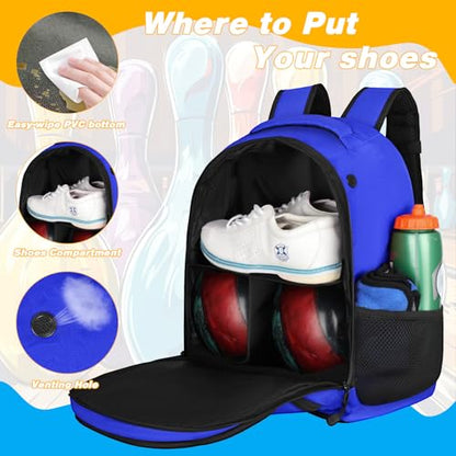 Goloni 2 Ball Bowling Backpack,Bowling Ball Bag with Shoe Compartment & Portective Foam Padded, Fits Shoes Up to US Size 16 - color: Blue