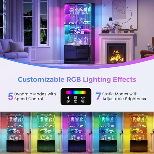 Dystler 71" Locking Glass Display Cabinet, 6-Tier Curio Case with RGB Light | Key Lock, Tempered Glass Shelves, RGB Motion-Sensor Lights, App Control, Curved Safety Edges, for Trophies & Figures - color: Black