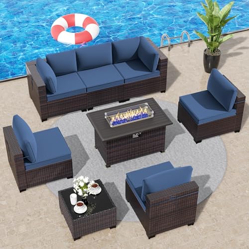8 Pieces Outdoor Patio Furniture Set,Outdoor Sectional Furniture with 43" 55000 BTU Gas Propane Fire Pit Table,All Weather PE Rattan Wicker Patio Conversation Set,Navy Blue - color: Navy Blue, size: 8 Sofa Set w/Fire Pit