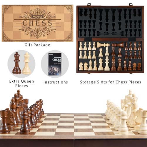 AMEROUS 17'' Magnetic Wooden Chess Set for Adults Kids - with Folding Board, Gift Package, Pieces Storage Slots, Handmade Pieces,Chess Board Game Set for Tournament Professional Beginner - size: 17 inches