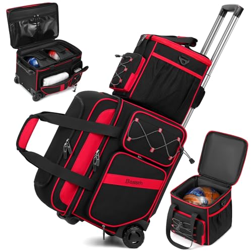 BOSSTIN 3 Ball Bowling Bag with Wheels, 2 Ball Bowling Bags Double roller with 1 Ball Add On Bag, Multi-Pockets & Shoe Compartment (Fits Up to Size 15) - color: Red