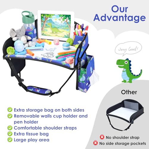 Kids Travel Tray for Airplane - Toddler Car Seat Table Tray, Road Trip Essentials for Boys & Girls, Carseat Lap Desk for Kids Road Trip Activities,Blue Dinosaur - color: Blue Dinosaur