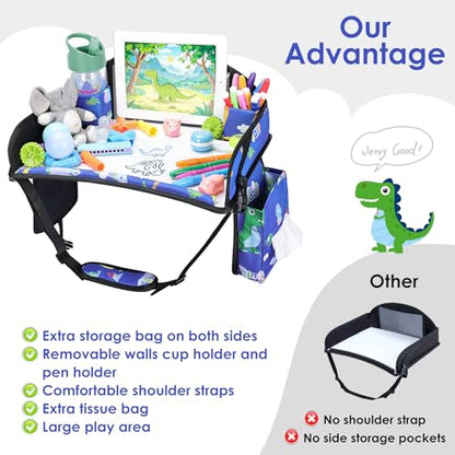 2PCS Kids Travel Tray for Airplane - Toddler Car Seat Table Tray, Road Trip Essentials for Boys & Girls, Carseat Lap Desk for Kids Road Trip Activities (Blue Dinosaur/Purple Mermaid) - color: Blue Dinosaur/Purple Mermaid--2PCS