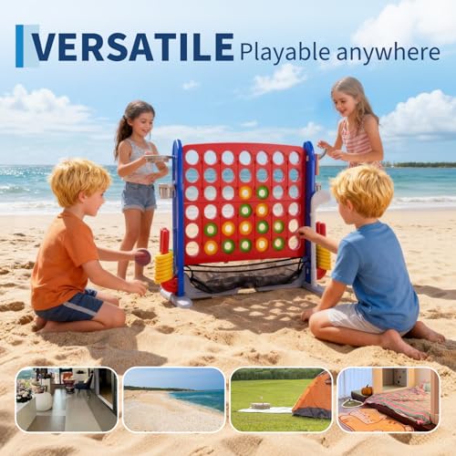 Jumbo 4 in a Row Game, Height Adjustable(2.7-3.2 ft) Outdoor Indoor Connect 4 w/Quick Release, Giant Connect Four with Basketball Hoop, Ring Toss & Net, Backyard Party Game for Adults Kids