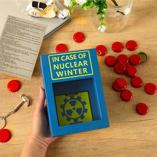 Nuclear Winter Bottle Cap Stash Box, 30 Red Caps Gag Gifts for Men | Post Apocalyptic Caps Saving Piggy Bank w/ Mini Hammer & Letter, Retro Blue Yellow Wood Decor for Wasteland Game Fans Adults - style: Nuclear Winter Emergency Box