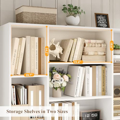 HOSTACK 72” Tall Book Shelf and Bookcase, White Bookshelf with Storage Cabinet, 45” Wide Bookcase with 4 doors, Standing Display Shelves, Modern Farmhouse Book Case for Living Room, Home Office, White - color: White