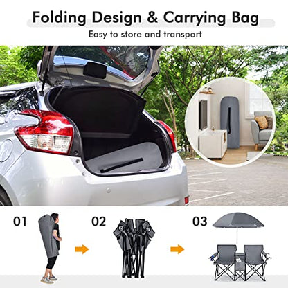 LDAILY LUARANE Folding Double Camping Chair, Outdoor Picnic Chairs w/Removable Umbrella, Mini Table, Cup Holder & Carrying Bag, Portable Camping Loveseat for Patio, Pool, Lawn, Beach, Park (Grey) - color: Grey