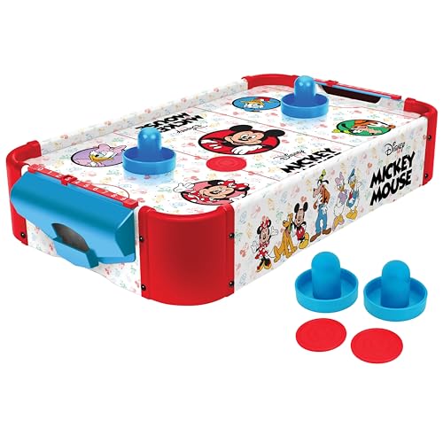Disney Mickey Mouse, Minnie, Donald, Daisy & Goofy Air Hockey Table for Kids - Wooden Tabletop Game with Puck, Pushers & Air Flow System - Disney Licensed - 4+