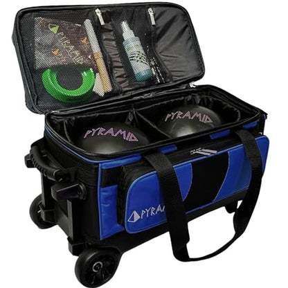 Pyramid Deluxe Double Roller 2 Ball Bowling Bag with Large Separate Shoe Compartment (Up To 2 Pairs Of Shoes) and Accessory Pockets, Sturdy Square Handle - Extends to 40" - Pro Options Available - color: Pro Black/Royal Blue