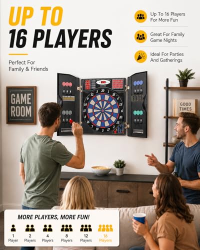 WIN.MAX Electronic Dart Board, Soft Tip Dartboard Cabinet Set for Adults, LED Scoring Dartboard with 38 Games & 211 Variants, Up to 16 Players, 12 Darts+40 Tips, Wall Mount for Bar Game Room Man Cave - style: Silver