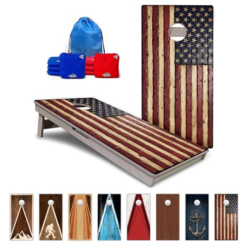 Cornhole Solutions PRO Tournament Cornhole Boards – Regulation 4 ft x 2 ft Professional Set – ¾″ Baltic Birch Plywood – Folding Legs – UV Printed & Clear Coated - color: Carved Rustic Flag