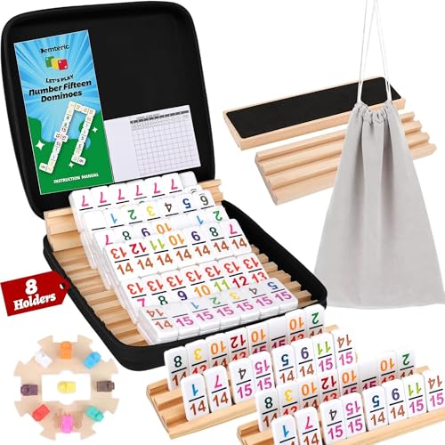 Mexican Train Dominoes Set Double 15 Number Domino Tiles, 136 Colorful Number Dominos Tiles with 8 Wooden Racks, Hub & Trains, Portable Domino Game Set for Adults Kids Families - style: Double 15 Number+8 Racks