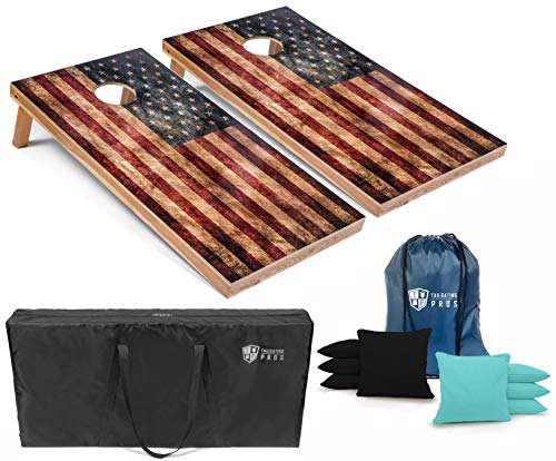 Tailgating Pros Rustic American Flag Cornhole Boards w/Bean Bags - 4'x2' Distressed Flag Cornhole Game w/Carrying Case & Corn Hole Bags - color: Black / Baby Blue