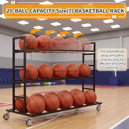 Colingmill Heavy Duty Basketball Rack with Wheels, Multi-Tier Rolling Ball Storage Cart, Sports Equipment Organizer for School, Gym, Club Shoot Training - size: 20ball