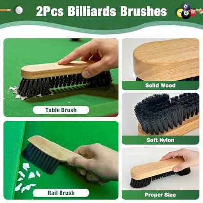 Pool Table Brush Accessories 10 Set，Billiards Pool Table Brush Cleaning Kit with 2 Wooden Brushes, Pool Cue Stick Cleaning Cloth, Billiards Cue Head Protective Sheath, Sticky Lint Roller