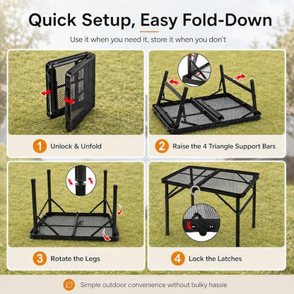 Folding Grill Table Camping Table with Mesh Desktop, Lightweight & Portable Outdoor Picnic Table, Height Adjustable Portable for Outside Inside Use - size: Regular Size