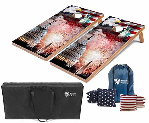 Tailgating Pros Cornhole Boards - 4'x2' Lightweight Regulation Flag & Patriotic Outdoor Themed Cornhole Game w/Carrying Case & Set of 8 Corn Hole Bean Bags w/Tote - color: Screaming America