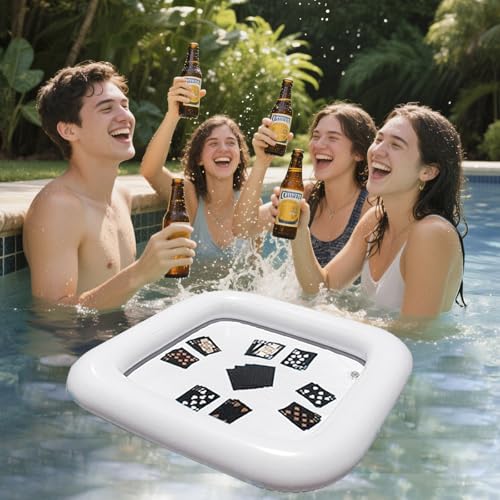 2 PCS Floating Pool Game Table with Waterproof Playing Cards for Summer Pool Party，Inflatable Ice Drink Cooler Serving Tray Bar for Pool Beach Outdoor Picnic Birthday Party Supplies