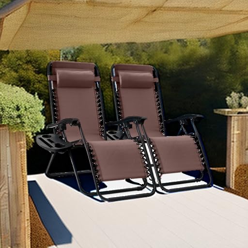 Best Choice Products Set of 2 Adjustable Steel Mesh Zero Gravity Lounge Chair Recliners w/Pillows and Cup Holder Trays - Brown - color: Brown, size: Standard