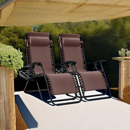 Best Choice Products Set of 2 Adjustable Steel Mesh Zero Gravity Lounge Chair Recliners w/Pillows and Cup Holder Trays - Brown - color: Brown, size: Standard