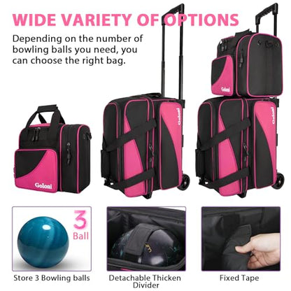 Goloni 3 Ball Bowling Bag with Wheels, 2+1 Double Roller Bowling Bag with Shoe Compartment,Tote Bag for Bowling Accessories - color: 3 Ball-Pink