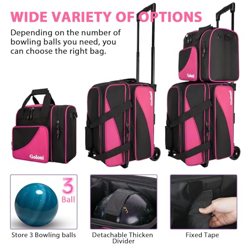 Goloni 3 Ball Bowling Bag with Wheels, 2+1 Double Roller Bowling Bag with Shoe Compartment,Tote Bag for Bowling Accessories - color: 3 Ball-Pink