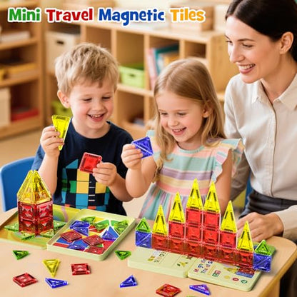 Mini Magnetic Tiles for Kids Ages 4-8, 40PCS Portable Travel Toys with Visual Storage Guide & Metal Storage Box, Compact Magnetic Building Blocks for Toddlers 3-5 Travel Activities - style: Diamond Texture Mini Magnetic Tiles - 40 PCS