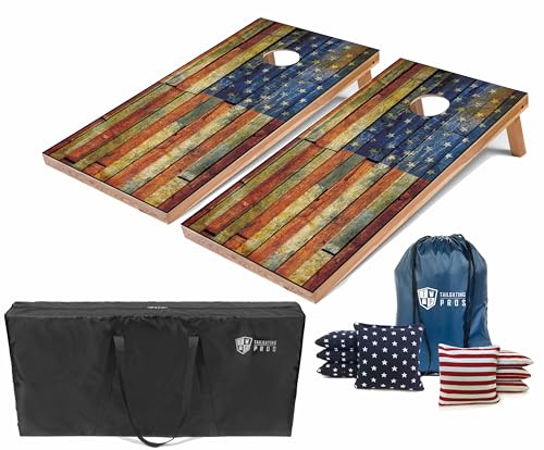 Tailgating Pros Cornhole Boards - 4'x2' Lightweight Regulation Flag & Patriotic Outdoor Themed Cornhole Game w/Carrying Case & Set of 8 Corn Hole Bean Bags w/Tote - color: Vintage American Flag